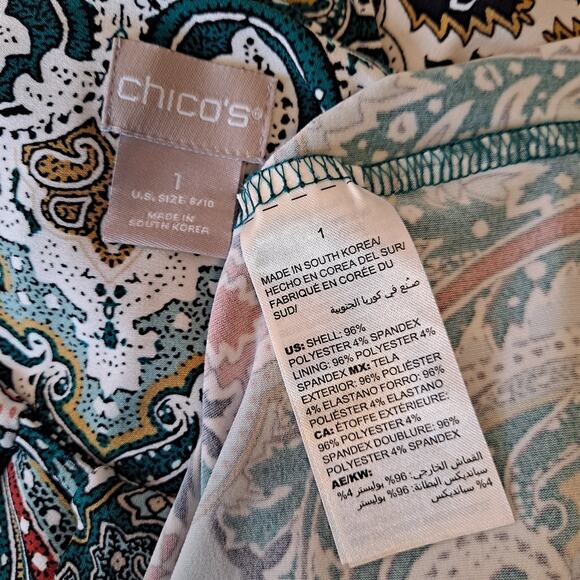 Chico's White Green Multi Keyhole Neckline Paisley Print Knit Jersey Dress -Sz 8 - Picture 7 of 7